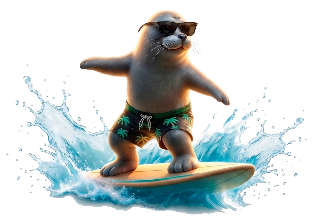 The $SEAL mascot of Crypto Paradise riding a wave