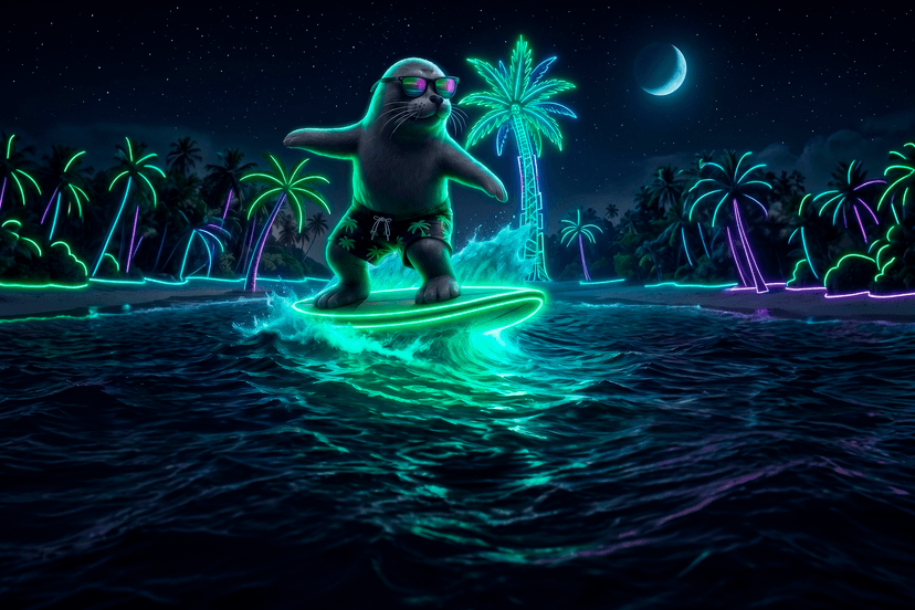 The $SEAL surfing seal at night on the Robinhood Chain