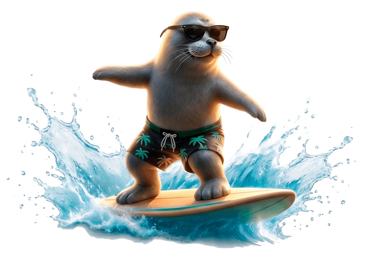 The $SEAL mascot of Crypto Paradise riding a wave